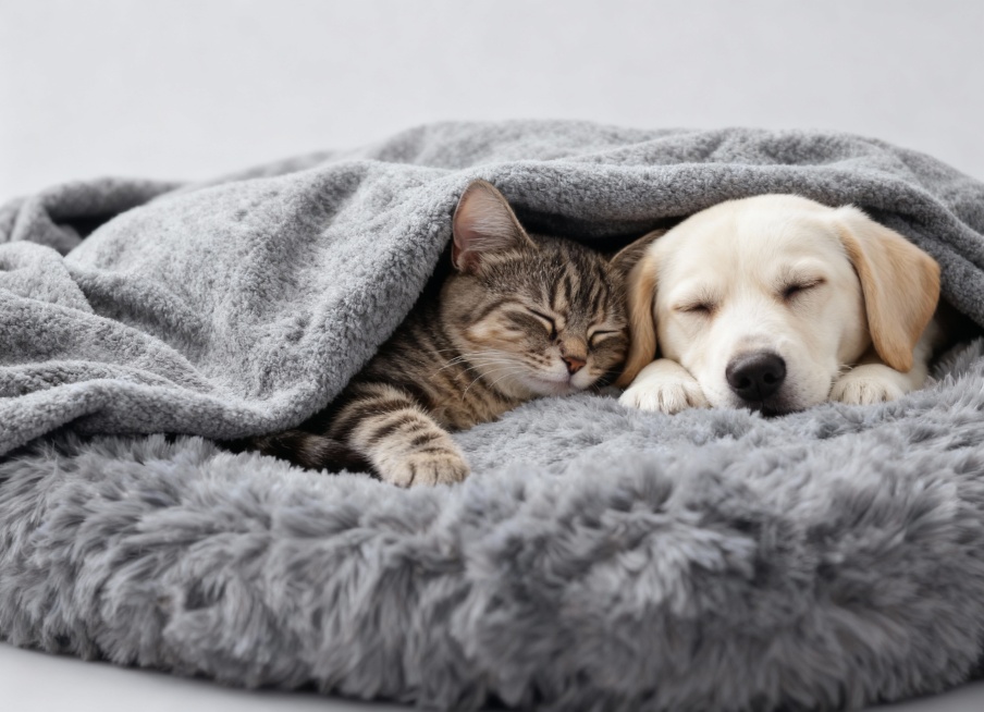 猫咪改成小狸花猫，狗狗改成拉布拉多幼犬，毛毯不变预览效果