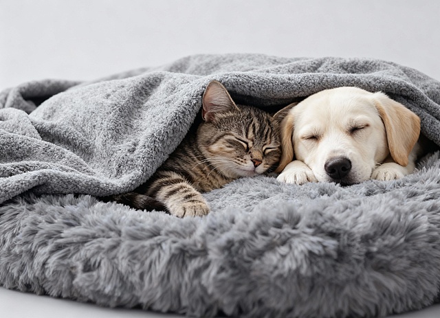 猫咪改成小狸花猫，狗狗改成拉布拉多幼犬，毛毯不变