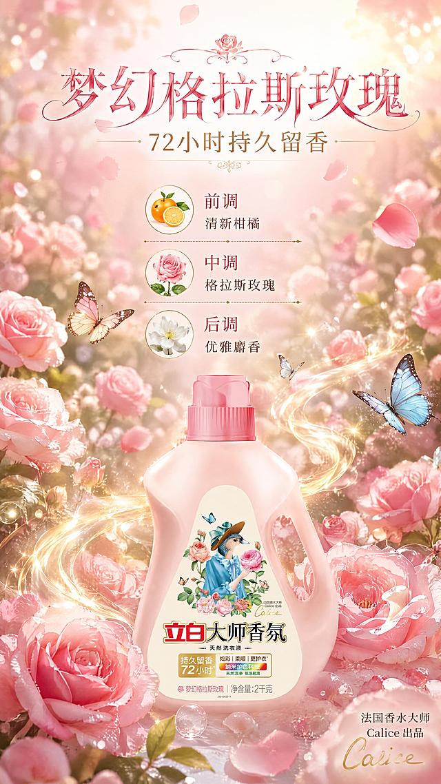 [第4屏] 香氛体验页-格拉斯玫瑰72小时持久留香。本屏使用【图1】作为商品主体（底部融入）。
[氛围/风格] 法式浪漫花园风，玫瑰花海氛围，梦幻柔焦质感，高级香氛大片感。
[元素布局] 画面上半部分为大片粉色玫瑰花海、飘落花瓣、金色香氛雾气缭绕；中下部洗衣液瓶半融入花海中，占比约30%；周围飞舞蝴蝶、露珠点缀；背景为柔焦花园，阳光透过花瓣洒下；瓶身外观与输入图一致。
[光影质感] 顶部逆光暖光，花瓣通透有光晕，瓶身柔和受光，整体梦幻柔焦、温暖浪漫。
[配色色系] 全局底色 #FFD9E0 玫瑰粉渐变；主色粉色、玫红色；辅助色金色光晕、绿色叶片、白色花瓣。
[视角构图] 正面微俯视，花海为背景主体，产品位于中下位置，阅读动线上标题 → 花海氛围 → 产品+留香信息。
[文字版式] 顶部大标题「梦幻格拉斯玫瑰」，副标题「72小时持久留香」；中间香调说明三层：「前调 清新柑橘」「中调 格拉斯玫瑰」「后调 优雅麝香」，每层配小图标；底部产品旁标注「法国香水大师 Calice 出品」；文字为优雅衬线体，玫瑰金色主标题。
[比例分辨率] 9:16 竖版比例，4K分辨率，文字清晰可辨，高清画质。
[负向提示词] 产品变形，颜色偏差，文字错乱，水印，背景杂乱，花瓣不自然。