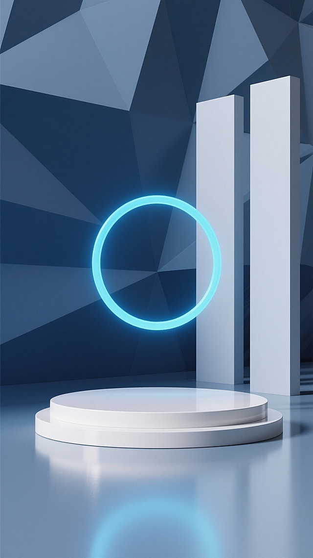 极简主义展台设计，以深蓝色为主色调，搭配浅灰色几何立体墙面背景，中央为圆形白色展台，台面光滑有反光质感，展台后方悬浮着一个半透明的蓝色发光圆环，左侧有两根垂直的浅灰色立体柱体，整体画面简洁干净，光影柔和，营造出科技感与高级感，无任何文字和多余装饰元素。