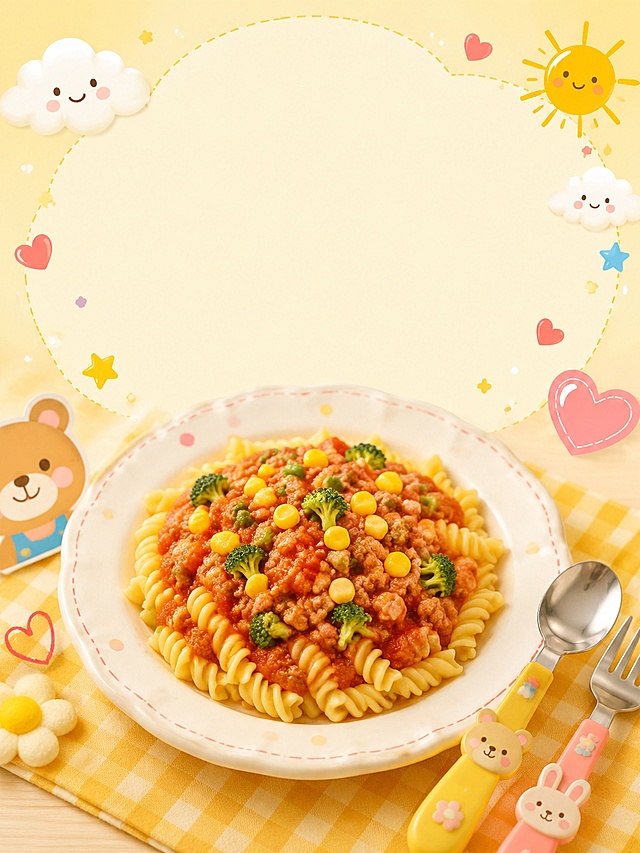 幼儿园美食预告海报，可爱温馨风格，画面中央是一盘诱人的番茄肉末玉米意面，意面上有红色番茄肉酱、金黄色玉米粒、绿色时蔬点缀，旁边放着儿童餐具，背景是柔和的暖色调，有卡通云朵、小星星、小爱心装饰元素，整体画面明亮温馨充满童趣，适合幼儿园宣传，画面上方留出文字排版区域
