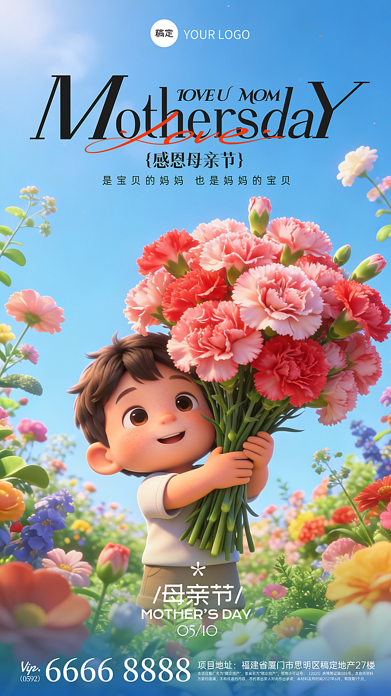 母亲节节日祝福软3D风格可爱男女孩粉蓝色系竖版海报