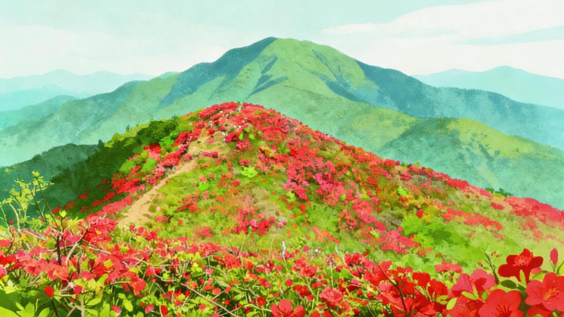 参考原图漫山红色杜鹃花绵延青山的风景插画，去掉右下角的豆包AI生成水印，保持原有插画风格、构图和所有风景元素不变，保持16:9比例预览效果
