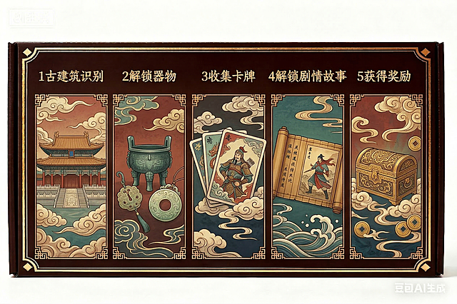 在五个分区下方分别添加对应的手绘插画配图：第一个画古建筑，第二个画古代器物，第三个画卡牌，第四个画卷轴剧情，第五个画奖励宝箱，均为手绘国风风格，添加更多国风云纹装饰，整体增强游戏感，保留所有现有文字和布局，配色协调。