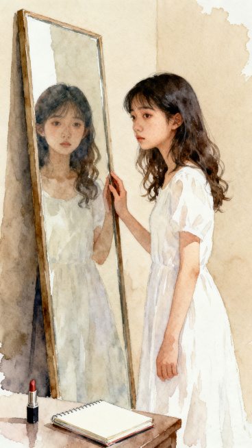 水彩风格，画面简洁高级，年轻女孩子站在镜子面前，神情略带犹豫，氛围安静细腻预览效果