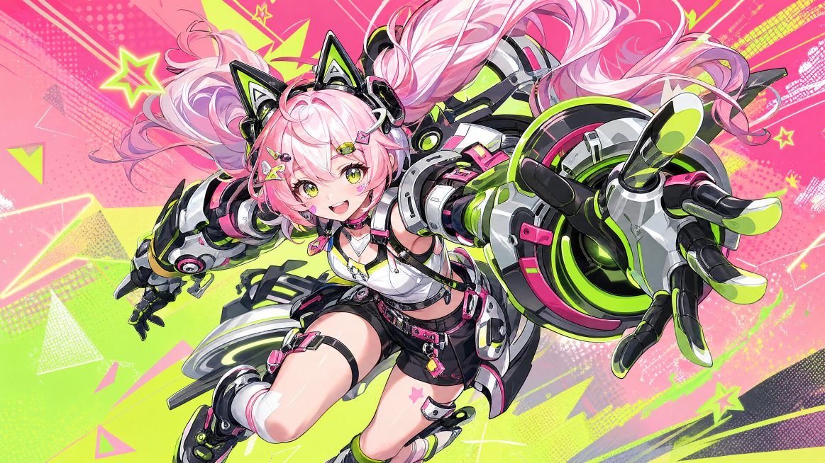 生成类似参考图风格的二次元图片，科幻机械少女，双马尾粉色渐变白色头发，猫耳造型发带，搭配大型机械臂，绿黑粉白撞色配色，赛博朋克二次元游戏插画风格，亮粉色和荧光绿渐变背景，几何装饰元素，高清质感，活泼动预览效果