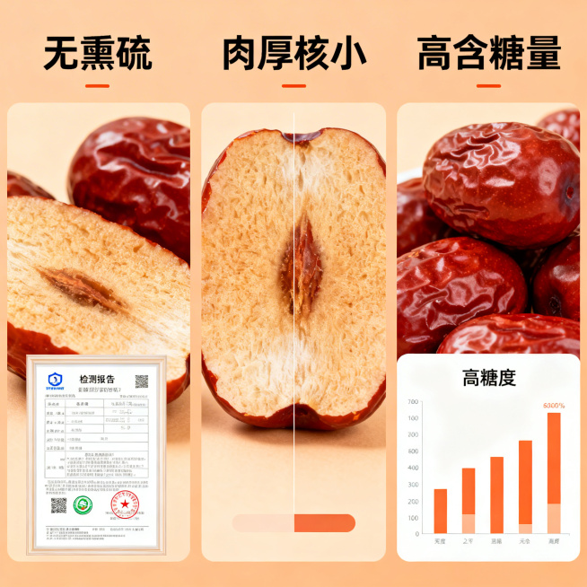 红枣详情页2：卖点解析图，三列布局展示核心卖点：'无熏硫'配检测报告图标、'肉厚核小'配红枣切面对比图、'高含糖量'配甜度数据，浅暖橙背景，清晰直观风格，1:1比例预览效果