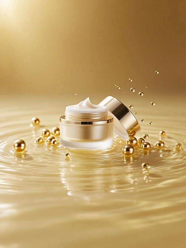 商业静物摄影。主体置于淡黄色调的清澈水流之中，空气中灵动的漂浮着金色水珠。金色奢华低调的背景。简约高级的光影。