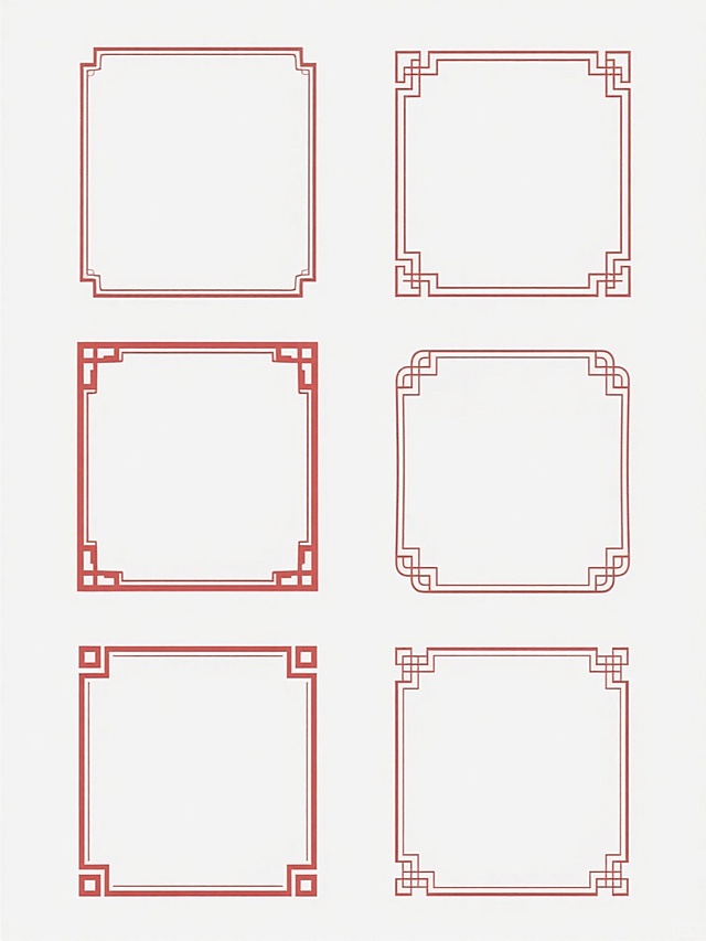 六个简约现代风格的中式边框素材规整排布，采用红色细线勾勒，边框设计融合传统中式纹饰元素，整体造型简洁大方，背景为纯白色，无任何文字、logo及水印，视觉层次清晰，信息传达高效，具有现代设计感。