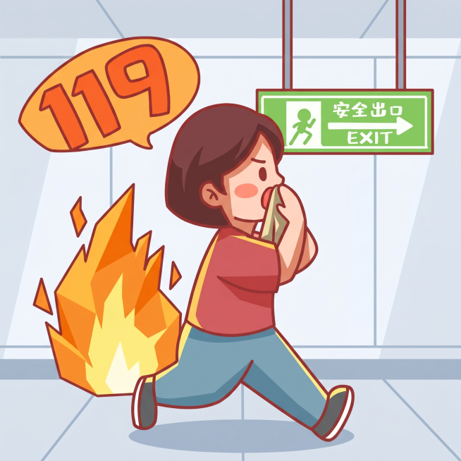 参考原图片火灾逃生119报警的内容，重新生成画面，人物风格新颖简洁，保留火灾逃生、119文字和安全出口标识的核心元素预览效果