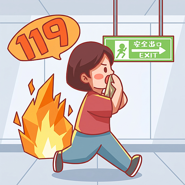 参考原图片火灾逃生119报警的内容，重新生成画面，人物风格新颖简洁，保留火灾逃生、119文字和安全出口标识的核心元素