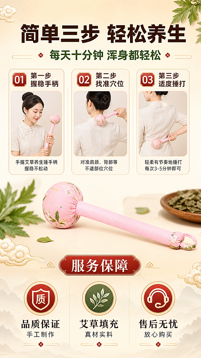 [第8张] 使用方法+服务保障页-艾草养生锤。本张使用【图1】中的粉色艾草锤作为产品主体。
[氛围/风格] 国潮养生风，温馨可信，服务保障，商业摄影质感。
[元素布局] 画面上半部分展示三步使用方法：①手握手柄 ②捶打肩颈 ③捶打腰背，每步配小图和文字说明，中间有粉色艾草锤产品大图展示，保持产品外观与输入图一致。画面下半部分是服务保障区，三个图标分别代表「品质保证」「放心使用」「售后无忧」。背景为暖米色渐变，有艾草叶和中式祥云装饰。
[光影质感] 顶部柔光主光，整体明亮温暖，产品清晰。
[配色色系] 全局底色 #FFF5E6 暖米色；主色朱砂红+艾草绿；辅助色金色+深棕。
[视角构图] 上下分栏构图，上半部分使用步骤，下半部分服务保障。
[文字版式] 顶部居中超大粗黑主标题「简单三步 轻松养生」，深棕色粗黑体；副标题「每天十分钟 浑身都轻松」，绿色粗黑体。三步分别标注：「第一步 握稳手柄」「第二步 找准穴位」「第三步 适度捶打」。底部服务保障三格：左格「品质保证 手工制作」，中格「艾草填充 真材实料」，右格「售后无忧 放心购买」。
[比例分辨率] 9:16 竖版比例，4K 分辨率，文字清晰可辨。
[负向提示词] 变形，水印，文字错乱，产品模糊，背景杂乱。
