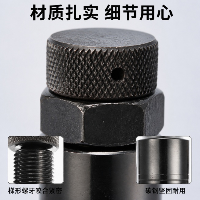 [主图-3] 碳钢千斤顶支撑脚材质工艺细节特写。[氛围风格] 微距细节展示，突出材质质感。[画质] 商业微距摄影质感，纹理清晰锐利，产品细节丰富真实。[元素] 主画面放大展示千斤顶顶部防滑平纹纹理，占预览效果