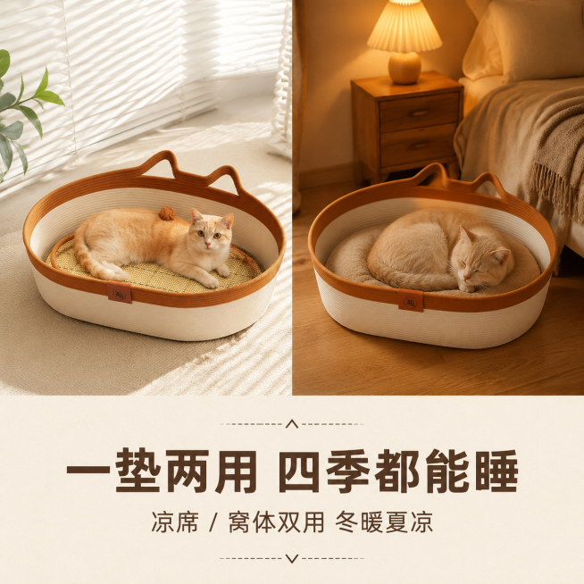 严格还原参考图中的猫窝产品：米白 + 焦糖棕配色、棉线编织外观、藤编凉席内垫、顶部双耳提手、侧边品牌标、中国结装饰，保持产品真实材质质感，棉线哑光编织、藤席天然纹理质感。卖点图，四季双用设计，主标题“预览效果