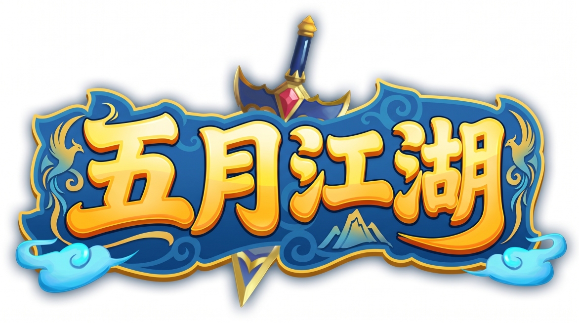 生成游戏logo，文字主体为“五月江湖”，保持参考图的风格，蓝底描边黄字的国风立体设计，搭配江湖元素装饰，和原图色调保持一致预览效果