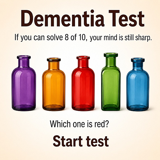 参考原图的痴呆测试海报排版，保留顶部标题Dementia Test和文案If you can solve 8 of 10, your mind is still sharp.，底部保留Which one is red? Start test，去掉杯子下方ABCDE的序列标记，把原有杯子碗等主体物换成五种不同颜色的瓶子，保持整体布局和风格不变，与原图有差异性