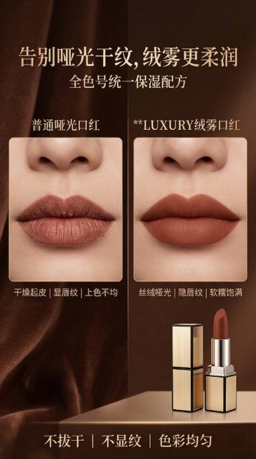 去掉图片右上角标注为1K的图标，其他所有文字、产品、对比唇妆和背景元素都完全保留不变，保持原图的棕色丝绒背景风格和排版不变预览效果