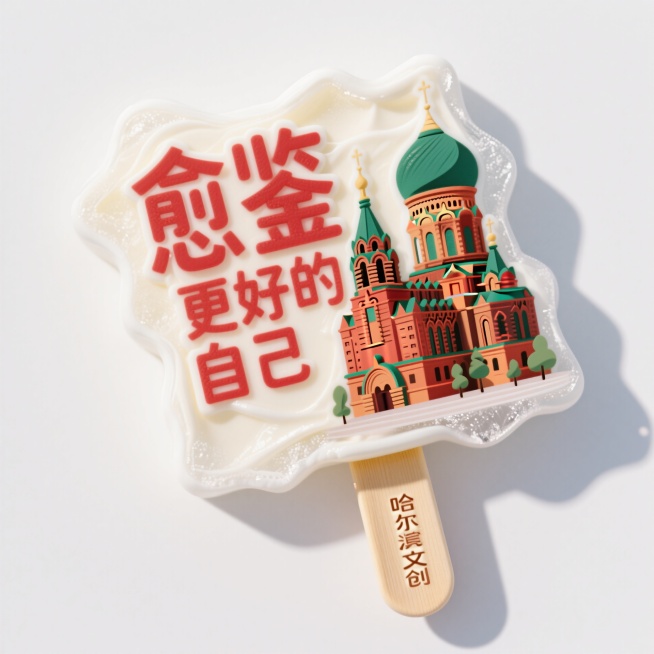 文创雪糕，画面主体为哈尔滨索菲亚教堂场景，不规则雪糕造型，文字“愈鉴更好的自己”合理排版，红绿配色预览效果