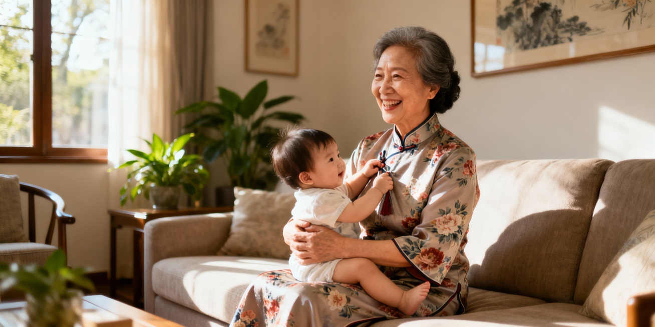 居家背景，女性60岁左右着旗袍，精神饱满，含饴弄孙，远镜头，图片尺寸2000*1000预览效果