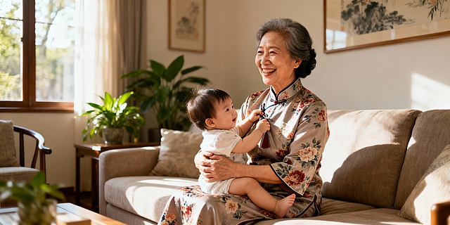 居家背景，女性60岁左右着旗袍，精神饱满，含饴弄孙，远镜头，图片尺寸2000*1000