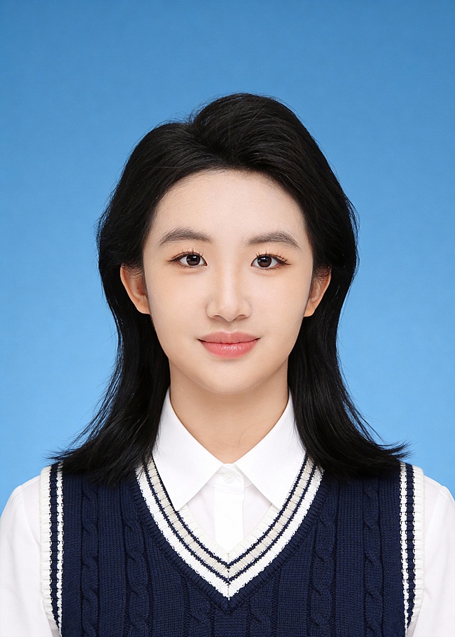 保留第一张图人物脸型､发型､年龄特征生成标准纯正面证件照;纯正面,人物居中(居中构图),位于画面中心,为视觉聚焦点,入境范围头部至胸部下方10cm以上区域,外穿深蓝色学院风针织背心,内搭白色翻领长袖衬衫,背心领口有白色和浅灰色条纹装饰,头肩比例合理,精致清透裸妆+唇色自然,淡妆冷调白皙;肤色嫩白通透;参考第二张图的人物占位和比例,50MM标准焦段,人物占画面80%,头顶至画面上边缘3%,头部发型完整,平视视角(镜头与人物视线齐平)眼神直视镜头;颈肩结构合理,姿态自然放松(左右预留环境空间)纯正面;去除一切饰品;光线均匀柔和,画质清晰,眼神灵动,澄澈,表情自然,头部完整,均匀肤色提亮肤色,修饰脸型,肤质哑光细腻,原生细腻肤质,轻透裸肌感,32K画质,去除人物之外的所有元素,零噪点降噪,简约蓝色纯色背景;严格按照第一张图的内容生成