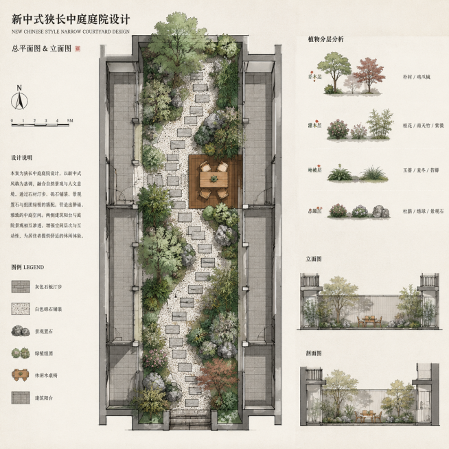 新中式狭长中庭庭院总平面图，手绘平立面结合，线稿上色，干净清晰，浅米色底色，包含灰色石板汀步、白色砾石铺装、景观置石、组团绿植、休闲木桌椅，两侧灰色建筑阳台，植物分层标注，简约专业，景观设计图，高清，预览效果