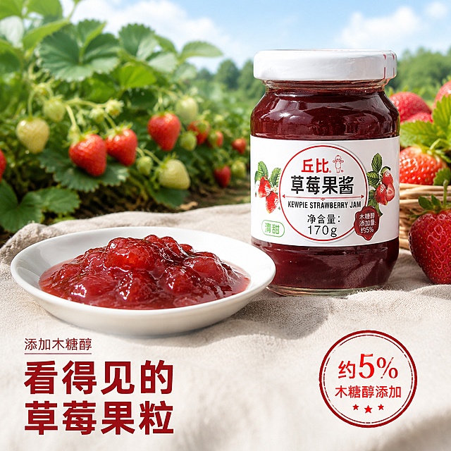 使用电商主图技能生成5张比例1:1的电商主图，适配平台为淘宝/天猫，商品为「图片1」「图片1」，商品卖点为草莓果酱，多种搭配0脂美味
