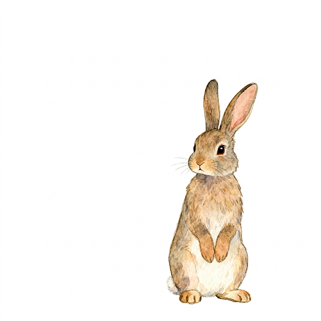 保留兔子原有姿势不变，移除狐狸，仅保留完整全身的兔子，保持原图水彩童话风格和兔子的毛色，纯白色无背景，兔子动作姿势完全不变