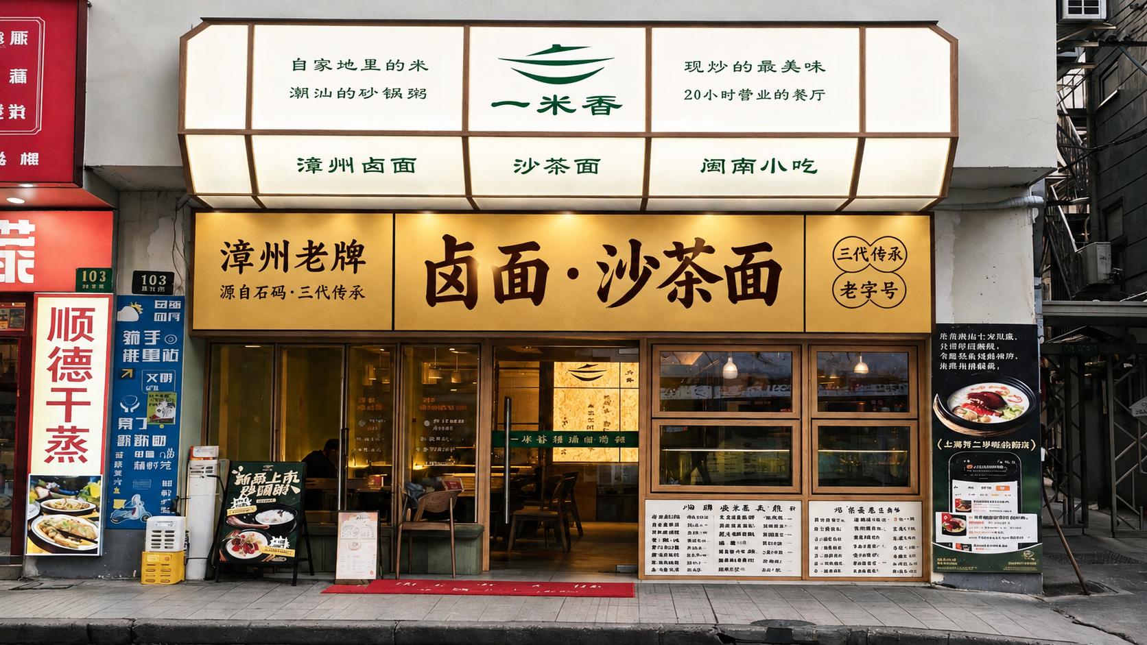 门头中间招牌底板换成香槟金/暖金色，文字深棕/深咖色：“漳州老… - 图片创意预览
