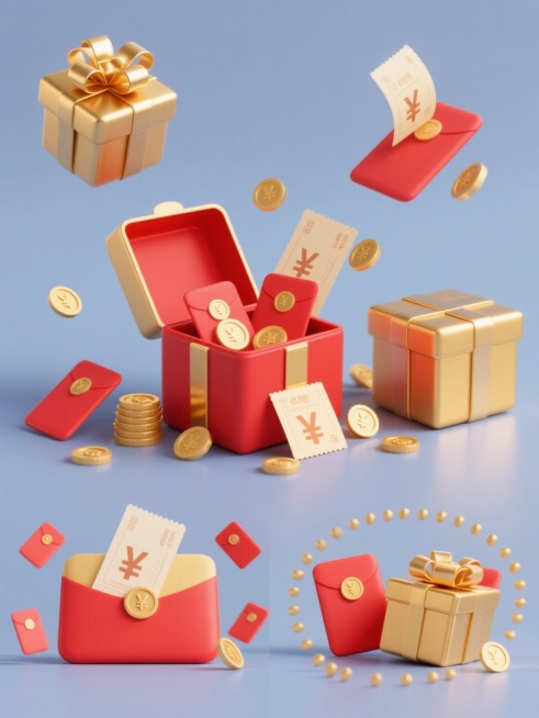一套6张系列素材集合，保持简约现代风格，每张素材均为规整排布的单一元素图案，纯色背景。第一张：金色立体礼物盒，盒盖打开，内部有红色红包和散落的金币，金色丝带蝴蝶结和带有¥符号的优惠券从盒中飞出，整体呈现光泽感和轻微光影效果。第二张：红色红包作为主体元素，周围环绕金色金币，顶部有一个小型金色礼物盒，背景为纯色，保持与第一张一致的简约现代风格和光泽质感。第三张：金色礼物盒与红色红包堆叠摆放，金币散……预览效果
