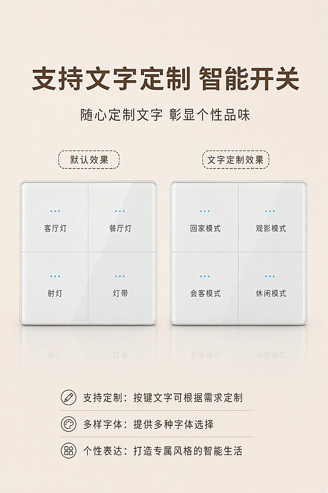支持文字定制智能开关海报，浅米色背景完全不变，所有文案完全不变：大标题"支持文字定制 智能开关"、副标题"随心定制文字 彰显个性品味"、底部三条定制说明文字、两个虚线标签"默认效果"和"文字定制效果"全部与原图完全一致。两个白色玻璃四开智能开关的亮度只调低非常微小的一点点，几乎看不出来的微调，开关的玻璃质感、小点排列、文字内容、大小位置、倒影效果都完全不变。整体布局、光影、色调与原图几乎一模一样，只做极细微的产品亮度降低
