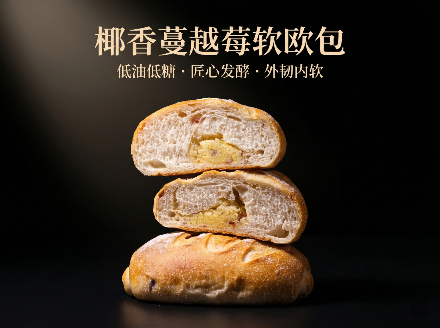 第 1 屏 首屏主 KV，纯黑哑光背景，聚光光影聚焦画面中心，主体为 3 枚面包组合特写（1 枚完整软欧包 + 2 枚切开的面包切面，展示气孔与奶酥内馅），光影柔和突出面包表皮的焦黄色泽与内馅的绵密质预览效果