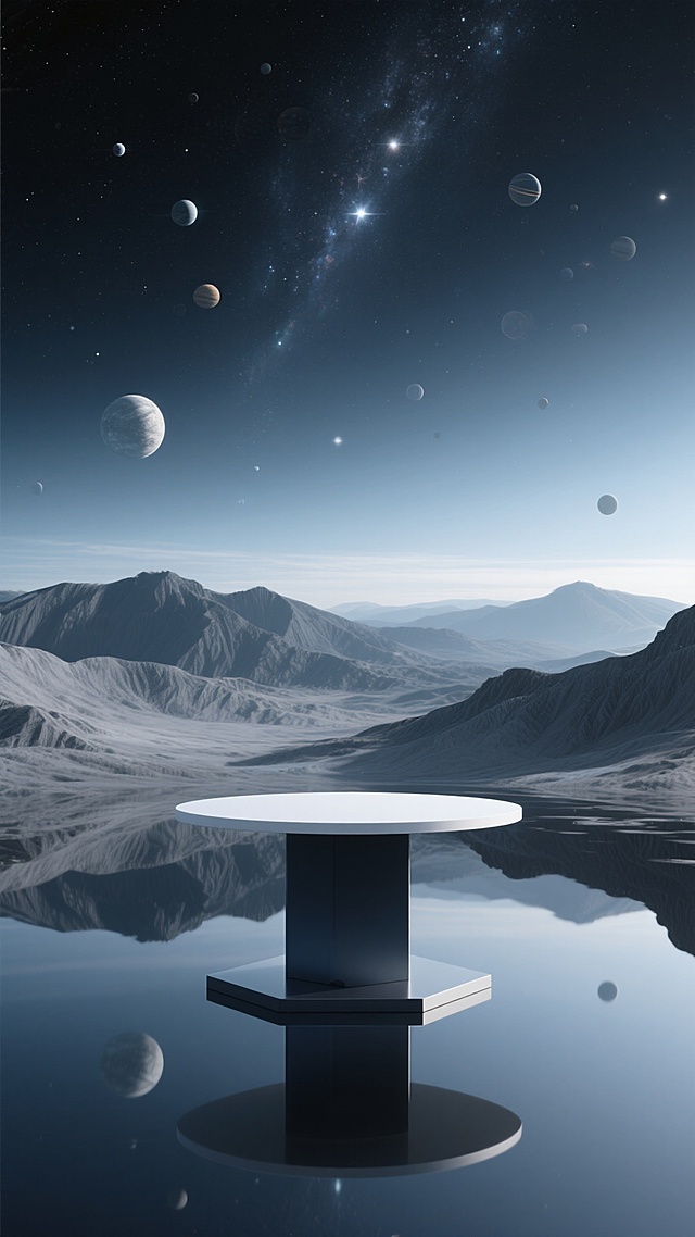 一张具有高级3D渲染质感的科幻风格场景海报，以深邃的宇宙星空为背景，点缀着大小不一的行星和闪烁的星辰，地平线处是连绵起伏、表面覆盖细腻纹理的灰色山脉，画面中央偏下方位置有一个由深色基座支撑的光滑白色展台，展台表面具有清晰的反光效果，与下方水面形成对称倒影，整体色调以深蓝、灰黑和银白色为主，光线柔和地从地平线方向洒入，营造出宁静而神秘的宇宙氛围，构图采用三分法布局，展台作为视觉焦点位于画面中央，具有强烈的视觉层次感和未来感。