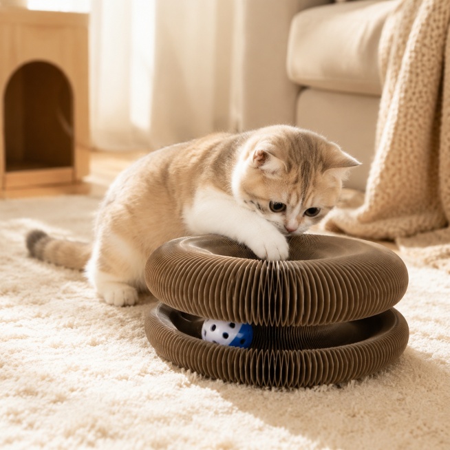[主图4] 客厅温馨场景，猫咪正在玩这个手风琴猫玩具，猫咪趴在玩具旁玩耍，保持猫玩具结构材质颜色与原图一致，自然柔和光线，氛围温馨舒适，不添加任何文字，1:1比例，商业摄影超高清，宠物和产品都清晰自然预览效果