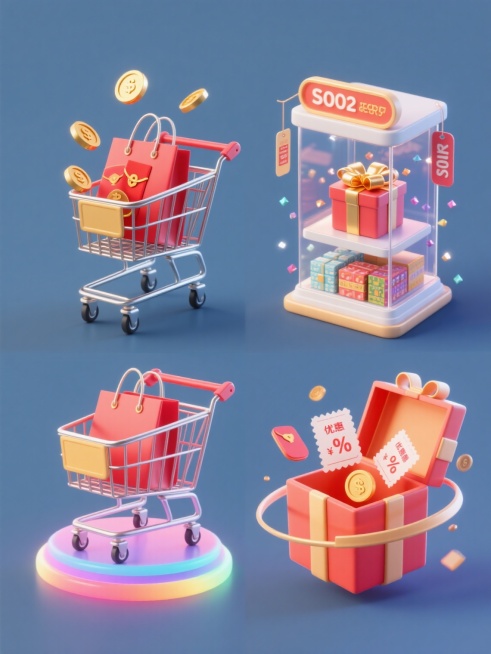 系列商城促销素材集合，4个完全不同造型的3D渲染购物元素，每个元素独立构图，整体规整排布于纯色背景。元素包括：1. 金属质感购物车满载红色购物袋，金色硬币和红包从袋中飞出，底部环绕彩色渐变光带；2. 透明玻璃橱窗内展示精美礼盒，礼盒上系着金色蝴蝶结，周围漂浮着闪光粒子；3. 立体货架上整齐摆放各类商品包装盒，货架顶部悬挂促销吊牌，底部有阴影增强立体感；4. 打开的礼盒中弹出优惠券和折扣标签，礼……预览效果