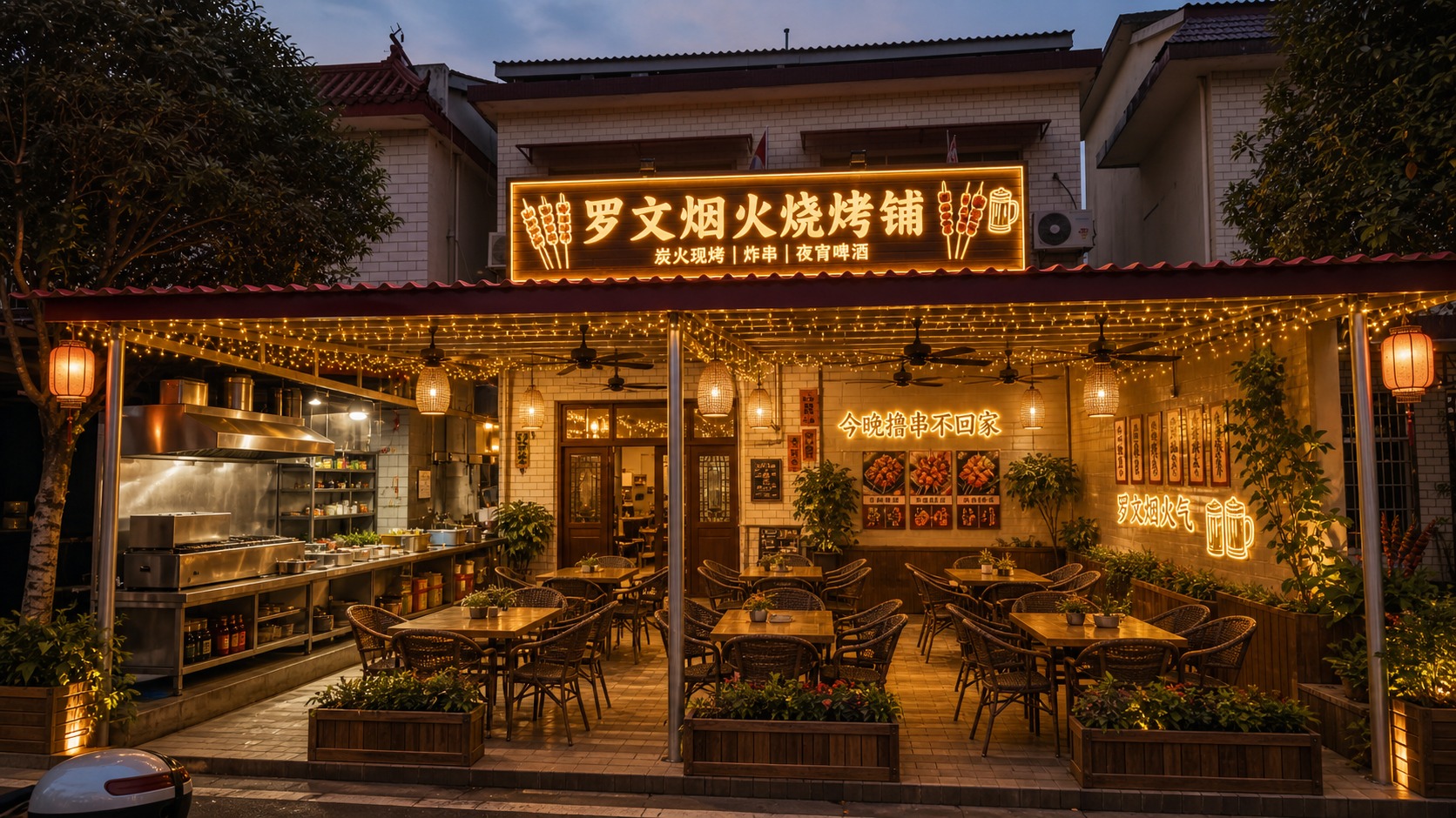 基于参考图优化这家烧烤店的店面设计，使其更加高端大气上档次，同… - 图片创意预览