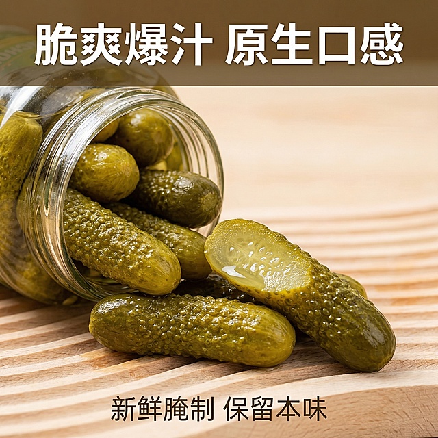 [主图3细节特写]德国酸甜青瓜微距特写，特写展示酸黄瓜表面颗粒纹理，一罐酸黄瓜开盖摆放，一根酸黄瓜被切开，展示脆嫩水润的内部质地，汁水欲滴，体现爆汁脆爽的口感，自然暖逆光，清新浅木色背景，光影突出青瓜表皮的质感。主标题"脆爽爆汁 原生口感"在画面上方，小字标注"新鲜腌制 保留本味"在下方，文字不遮挡主体特写。产品保持和原图一致，高清质感，食欲感满满
