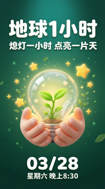 深绿渐变背景的地球一小时竖版公益海报，可爱3D风，居中构图。中央是卡通手掌托举内部有绿色幼苗的发光灯泡，点缀黄色星星。文字部分：顶部白色粗体字 "地球 1 小时" 及 "熄灯一小时 点亮一片天"，底部预览效果