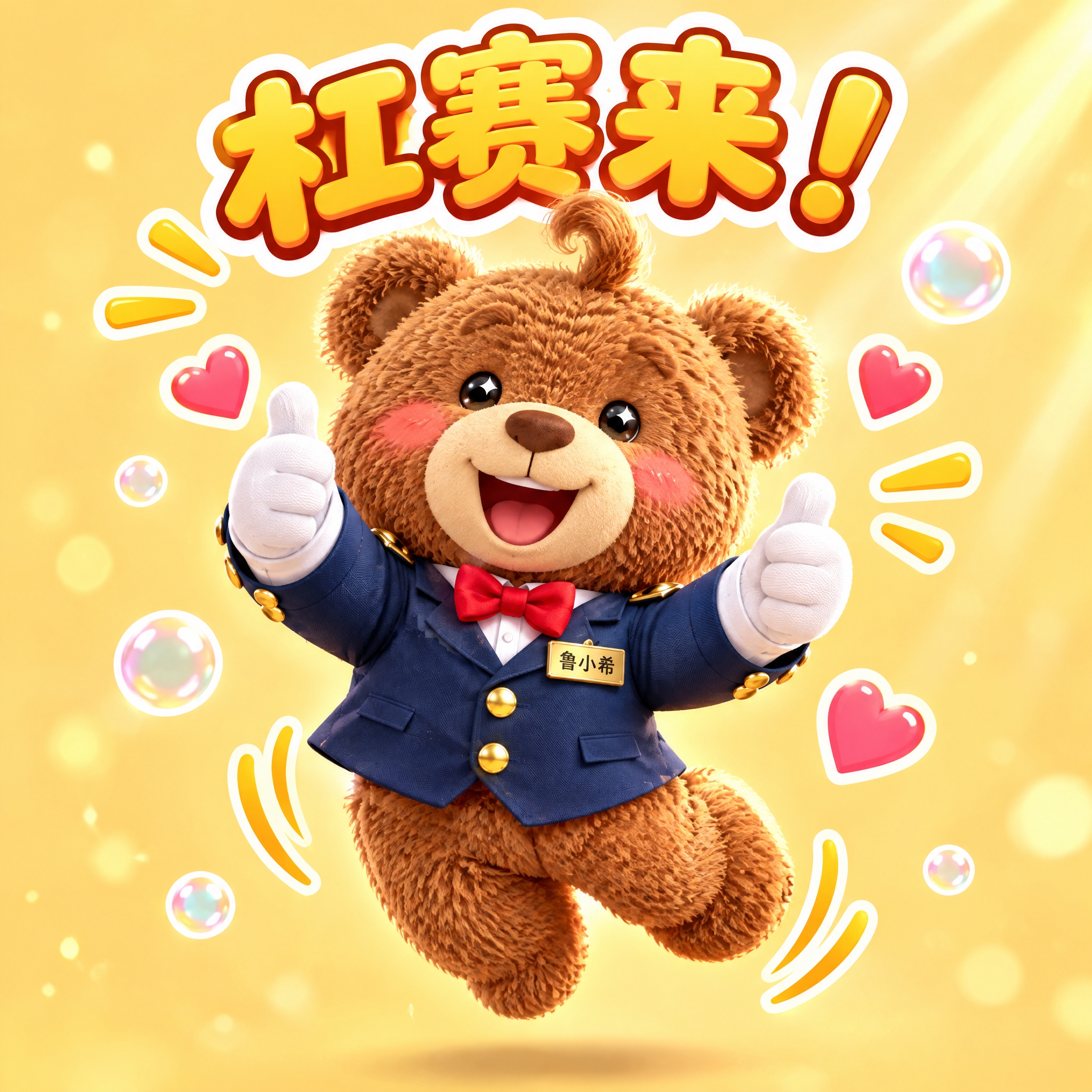 参考图中的棕色毛绒泰迪熊礼宾角色鲁小希，设计表情包。3D动画电… - 图片创意预览