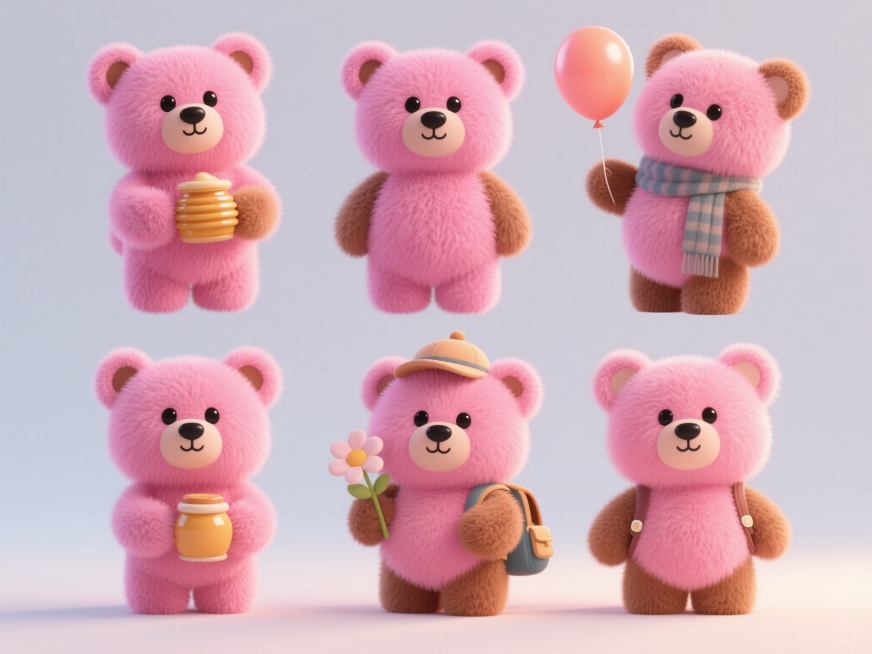 一系列6个完全不同内容的粉色毛绒小熊玩偶，保持相同的3D超写实风格，每个小熊都有蓬松柔软的棕色毛发质感，圆润的耳朵，黑色大眼睛和黑色小鼻子，纯色背景，规整排布，每个小熊的姿态和手持物品各不相同，有的抱预览效果