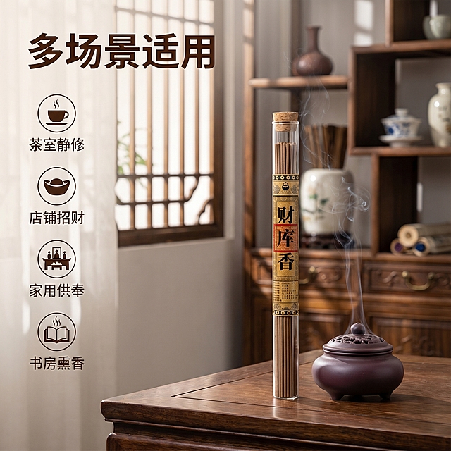 [主图 5] 财库香多场景使用展示。[氛围风格] 复古老钱风格，生活化氛围感；[画质] 商业摄影质感、光线柔和通透、产品清晰真实、画面干净高级。[元素] 财库香放置在中式茶桌一角，搭配紫砂香炉，背景是简约中式博古架，营造宁静禅意氛围。保持产品外观与输入产品图绝对一致，杜绝变形色差，精细化处理。商品主体占比约60%，画面满屏无边框。[光影] 柔和自然光透过窗棂，营造温暖宁静禅意氛围，光影舒缓。[配色] 木色棕+紫砂深褐+米白墙面，沉稳雅致。[视角构图] 平视场景构图，景深适中，营造代入感。[文字版式] 左上角标题“多场景适用”深棕粗体，底部罗列适用场景：「茶室静修」「店铺招财」「家用供奉」「书房熏香」，每个场景配简洁图标，文字排版干净，文字占比小于30%，符合京东规范。[比例分辨率] 1:1 比例，2k 分辨率；文字清晰锐利，超高清。[负向提示词] 变形，水印，文字错乱，产品图模糊，背景杂乱，遮挡主体，配色刺眼