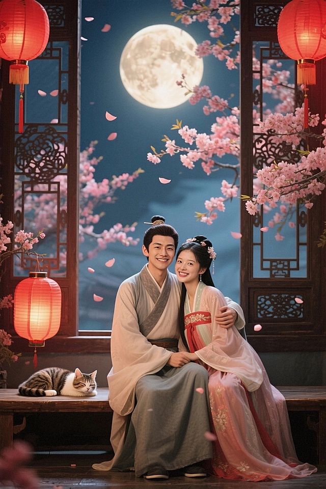 古装情侣，男左女右，坐在雕花窗边长凳上。两人笑容甜蜜灿烂看镜头，男生搂着女生。窗外圆月，窗台趴着打盹狸猫，红灯笼光影的喜庆氛围和窗外樱花飘落。
