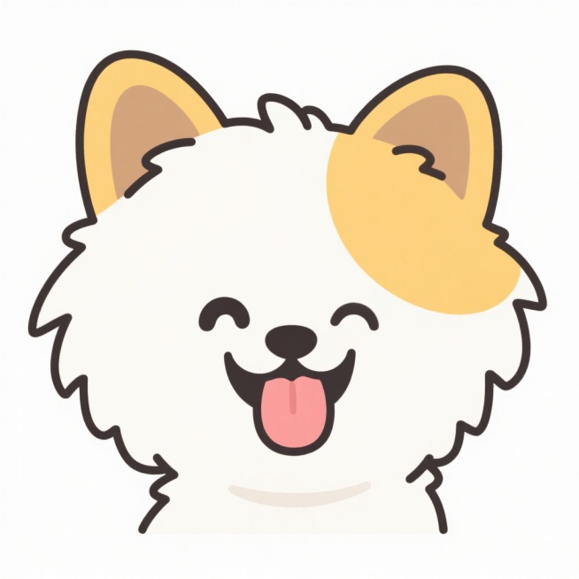 Q版小狗，立耳，浅咖啡偏金黄色耳朵和眼周，其余白色毛发，开心表情，眼睛弯成月牙，嘴巴咧开，舌头伸出，背景白色，简笔画风格带描边预览效果