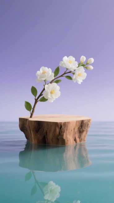 画面中心是一个自然形态的木质展台，表面呈现出原木的纹理和温暖的棕色调，一根开满纯白色花朵的枝条从展台一侧优雅地伸出，花朵绽放饱满，带有淡黄色的花蕊，绿色的叶片舒展自然。展台下方是平静的水面，清晰地倒映出展台和花枝的轮廓，水面泛着淡淡的蓝绿色光泽。背景是柔和的渐变蓝紫色，从上到下由浅至深，营造出宁静而优雅的氛围。整体画面采用简约的构图，光线柔和均匀，突出主体的自然质感和清新脱俗的美感，没有多余的……预览效果
