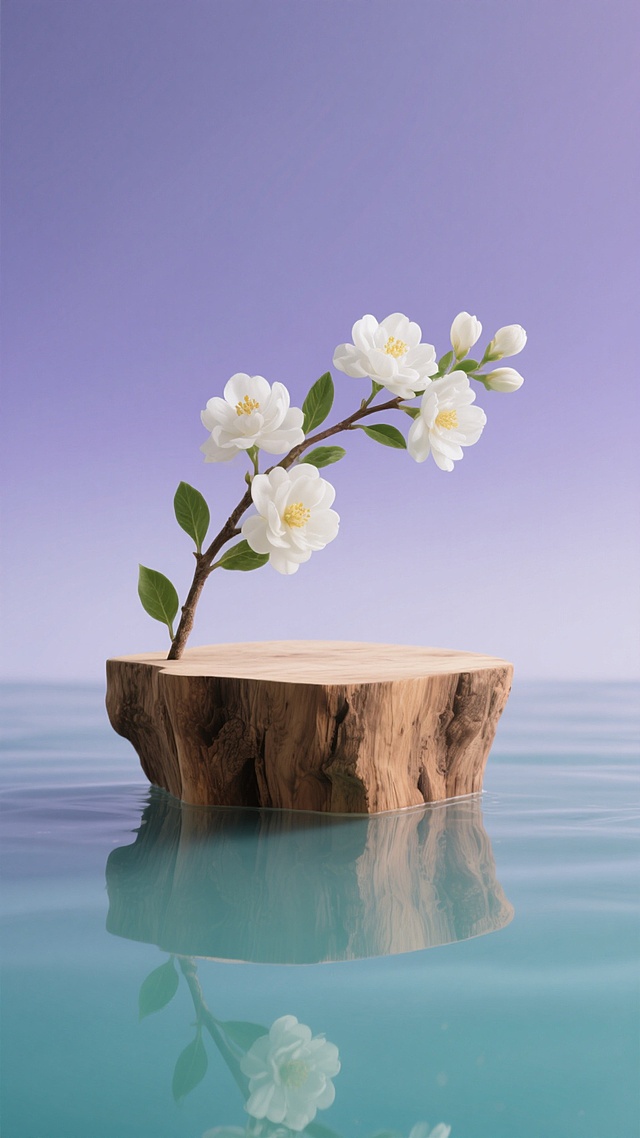 画面中心是一个自然形态的木质展台，表面呈现出原木的纹理和温暖的棕色调，一根开满纯白色花朵的枝条从展台一侧优雅地伸出，花朵绽放饱满，带有淡黄色的花蕊，绿色的叶片舒展自然。展台下方是平静的水面，清晰地倒映出展台和花枝的轮廓，水面泛着淡淡的蓝绿色光泽。背景是柔和的渐变蓝紫色，从上到下由浅至深，营造出宁静而优雅的氛围。整体画面采用简约的构图，光线柔和均匀，突出主体的自然质感和清新脱俗的美感，没有多余的装饰元素，呈现出一种简约而不失精致的视觉效果。