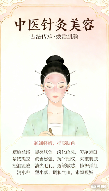 中医面部针灸美容宣传海报，国潮古风插画风格，粉色渐变背景配云纹边框，画面顶部写大字标题"中医针灸美容"，副标题"古法传承·焕活肌颜"，中间是做面部针灸的古风盘发女性，面部插着针灸针，下方文字列出功效：预览效果