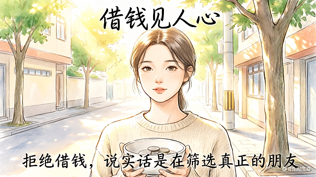 在图片图片下方合适位置添加文字：'拒绝借钱，说实话是在筛选真正的朋友'，保持原图整体风格不变