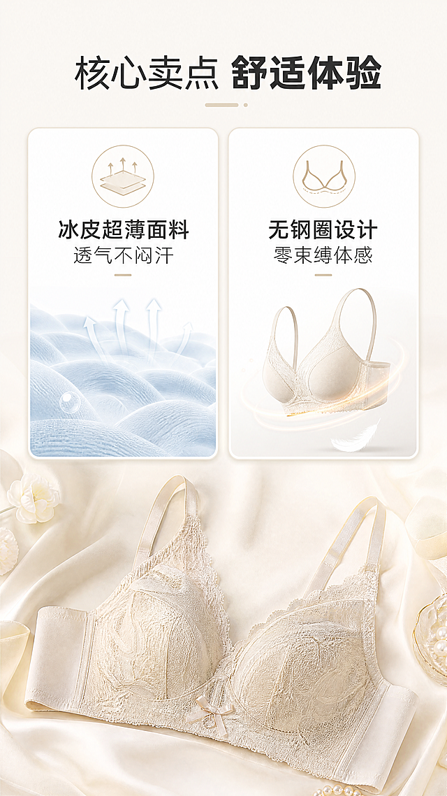 [第3屏] 核心卖点成分解析-冰皮衣蕾丝内衣核心优势介绍。
[氛围/风格] 简约干净专业风，成分可视化展示，清晰传递产品优势，值得信任。
[元素布局] 画面顶部放置主标题，中部采用双行网格布局展示两大核心卖点，网格每个区域搭配成分图标。上格介绍冰皮面料卖点，下格介绍无钢圈设计卖点，底部放置产品小图，保持产品外观和颜色与原图一致。
[光影质感] 整体光线均匀明亮，每个网格区域光影层次分明，文字和图标清晰突出。
[配色色系] 全局底色：#F8F5F0；主体配色：#FFFFFF（网格卡片）+ #333333（文字）+ #E9E3D5（边框）。
[视角构图] 从上到下通屏排版，标题-卖点网格-产品图，结构清晰，符合手机端浏览逻辑。
[文字版式] 顶部主标题「核心卖点 舒适体验」，第一网格「冰皮超薄面料 透气不闷汗」，搭配小图标；第二网格「无钢圈设计 零束缚体感」，搭配小图标。文字排版整齐，重点关键词加粗高亮，字号适配手机阅读。
[比例分辨率] 9:16竖版比例，4K分辨率，文字清晰可辨，超高清。
[负向提示词] 文案错误，文字模糊，布局杂乱，产品变形，颜色偏差，水印，低俗擦边。