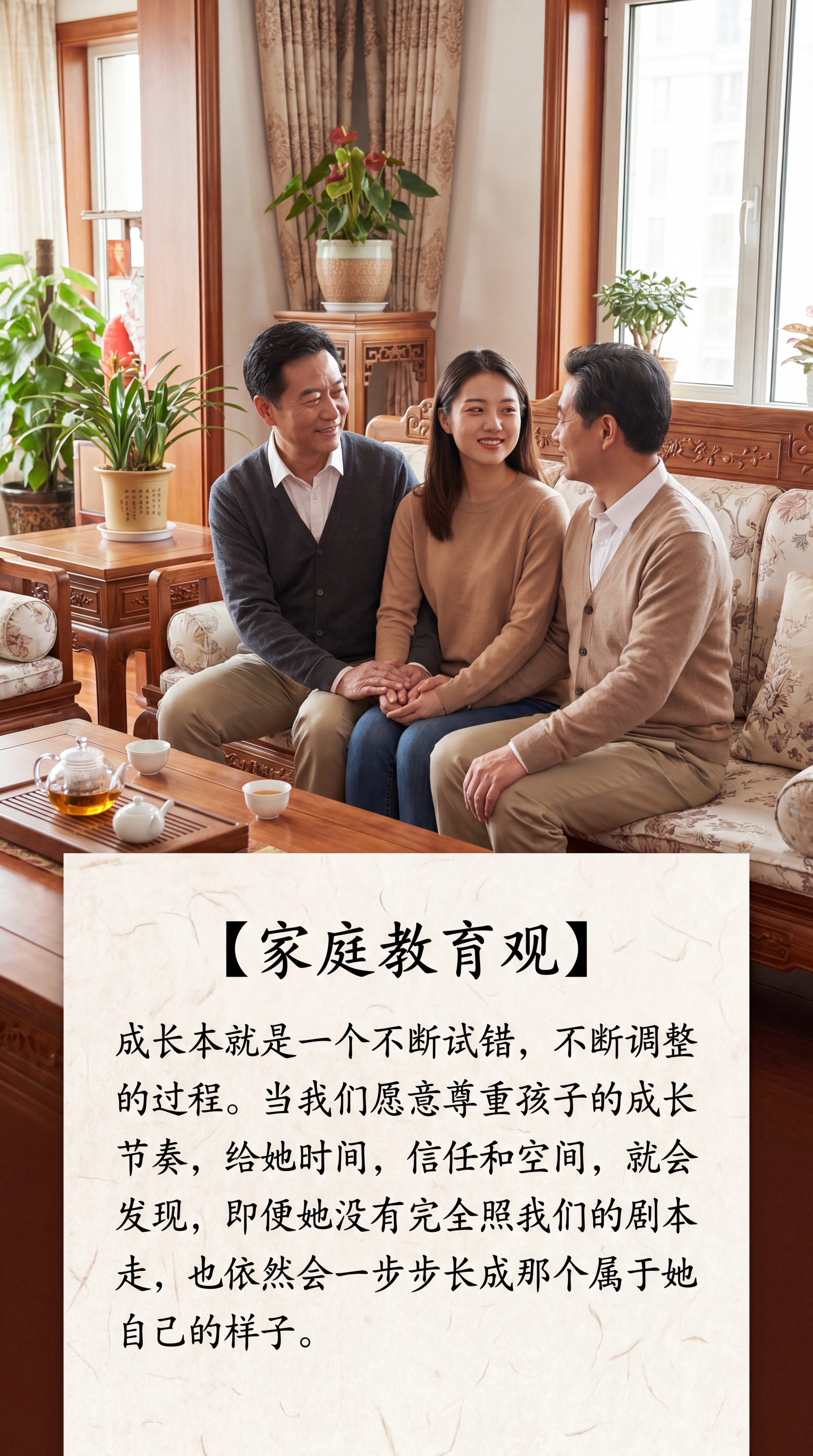 温馨中国风，画面中只有一对中年中国父母和一个中国大学生女孩，画… - 图片创意预览