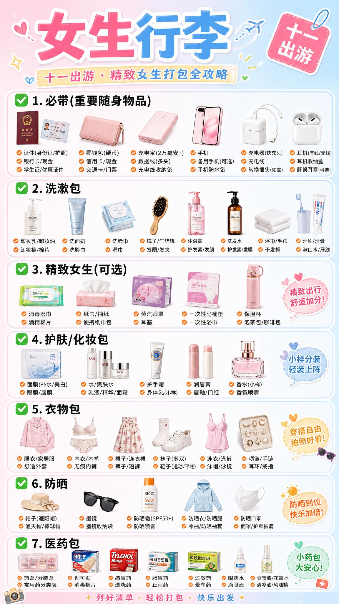 十一出游女生行李清单海报，竖版9:16，清新粉蓝渐变背景，种草… - 图片创意预览